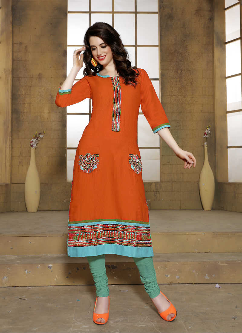 Cotton fabric half sleeve size kurta with pant|Women's Orange Coloured  Printed Kurti